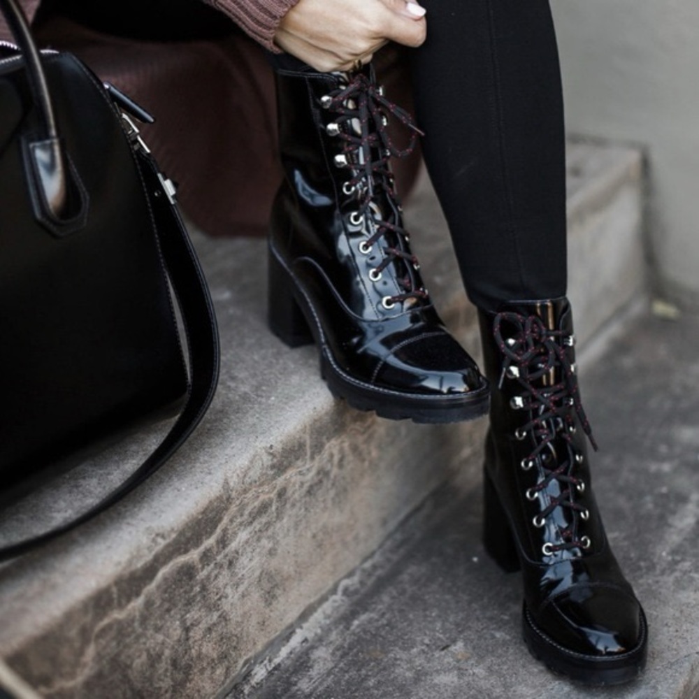 Marc Fisher Wanya Patent Leather Block Heel Combat Booties